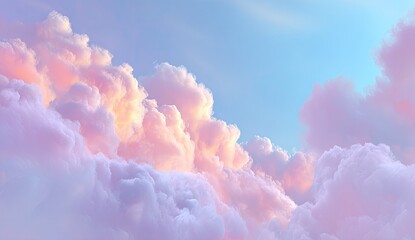 Pastel cloudscape at dawn or dusk. Soft, fluffy clouds in shades of pink and lavender against a pale blue sky