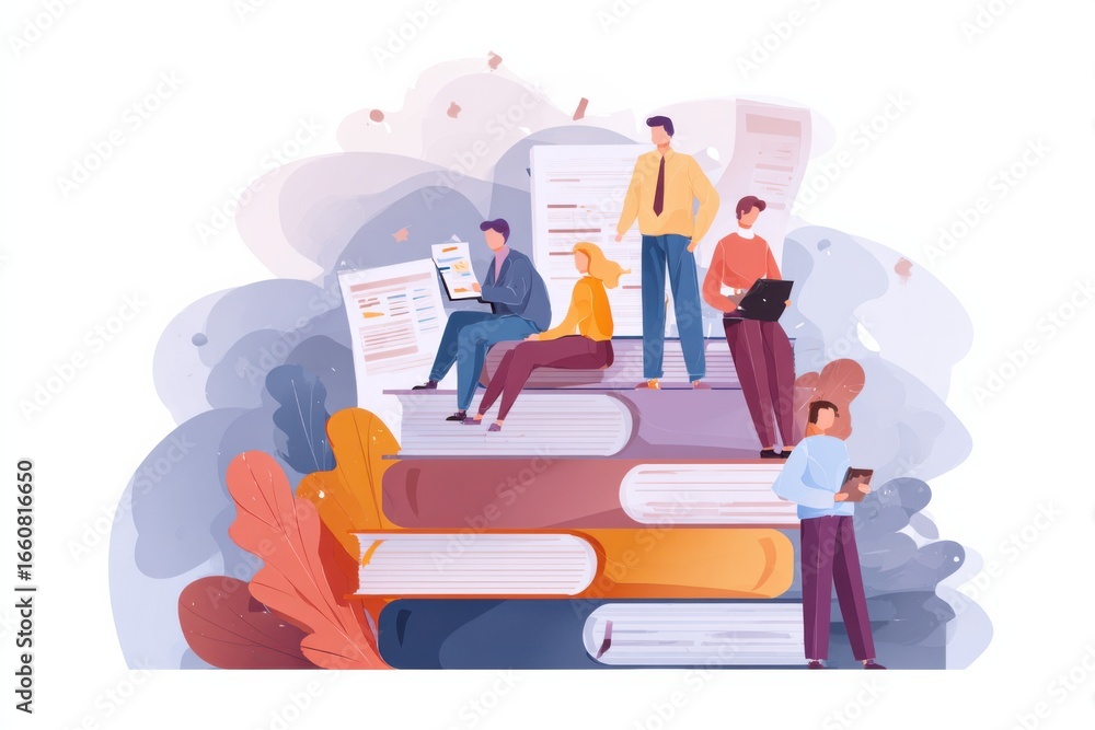 Poster diverse people using technology and reading while sitting on large books in a modern illustrative se