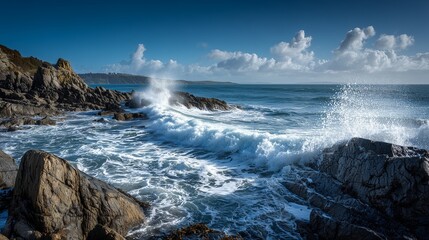 Waves crashing against rugged weathered dark rocks on a dramatic coastline, white foam splashing high with mist rising, sunlight glinting on the ocean under blue sky