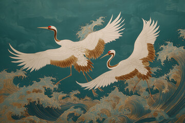 Red - Crowned Cranes Soaring Over Turquoise Waves Against a Gilded Sky with Swirling Clouds and Crested Foam,正月,新年,年賀状,鹤