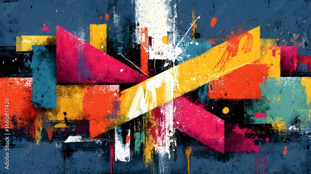 Poster a bold and expressive abstract painting featuring a dynamic composition of overlapping geometric sha