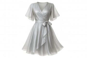 Elegant white flutter-sleeve dress featuring cinched waistline, showcasing clean silhouette against transparent backdrop for fashion marketing
