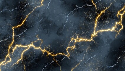 Abstract dark gray marble with luminous gold lightning streaks