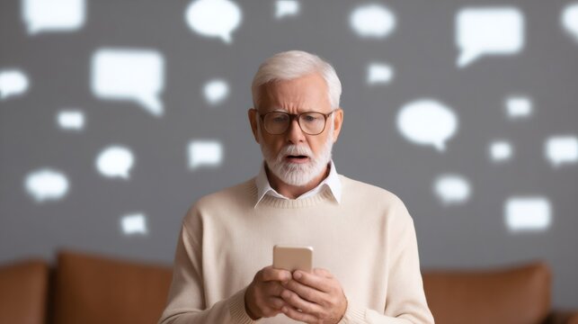 Senior man looking shocked holding phone with speech bubbles. Internet fraud concept, online scam, or spam message. - Powered by Adobe