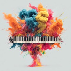 Colorful explosion erupts around a piano keyboard