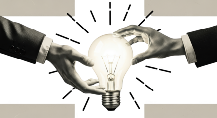 Two hands in suits hold a glowing lightbulb representing innovation and ideas isolate collage art Business