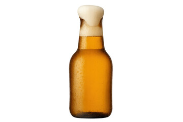 Refreshing beer bottle overflowing with frothy head on transparent background