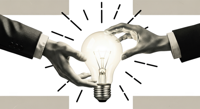 Two hands in suits hold a glowing lightbulb representing innovation and ideas isolate collage art Business