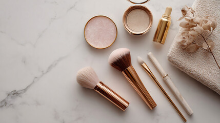 Elegant beauty flat lay featuring gold-toned makeup brushes and cosmetic products on marble surface