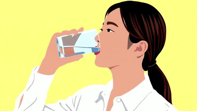 A thirsty cartoon woman drinking a glass of water for hydration. Healthy lifestyle vector illustration.