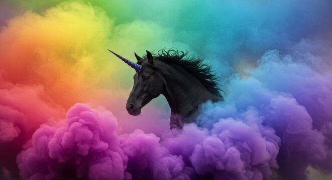 Mystical black unicorn emerging gracefully from a vibrant rainbow smoke cloud