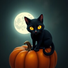 Adorable black kitten perched atop a pumpkin under a full moon.  Perfect for Halloween or autumn themes.