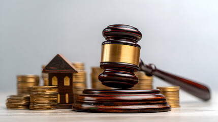 A wooden gavel, representing law, next to stacked coins and a house