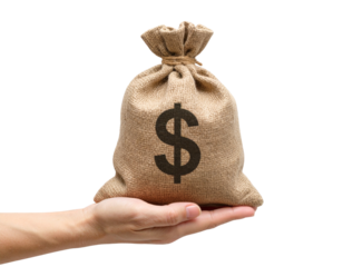 Close-Up of Hand Grasping Burlap Money Bag, Dollar Sign Visible, Isolated Background