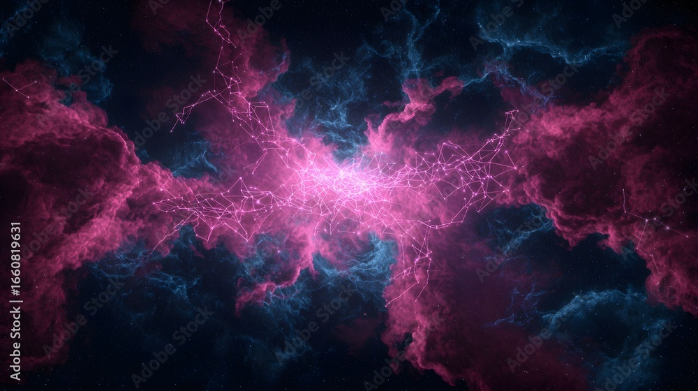 Poster the image shows a cosmic abstract view of pink and blue nebula clouds with a glowing, connecting net