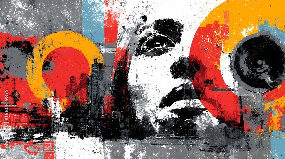 Poster a bold and imaginative abstract artwork featuring a dynamic blend of colors textures and expressive 