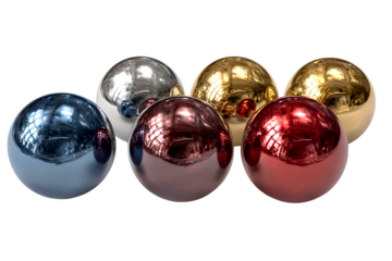  Five Colorful Glossy Ornaments in Silver, Blue, Gold, and Red, Angled Perspective, Isolated on Transparent Background