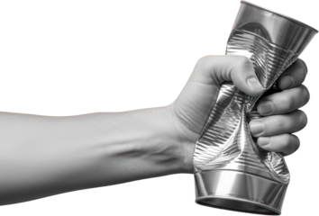 Close Up Of A Hand Crushing A Crumpled Aluminum Can Against A Transparent Background Isolate Collage Art Metal