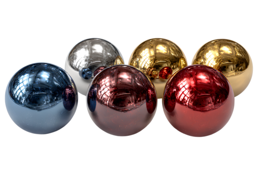  Five Colorful Glossy Ornaments in Silver, Blue, Gold, and Red, Angled Perspective, Isolated on Transparent Background