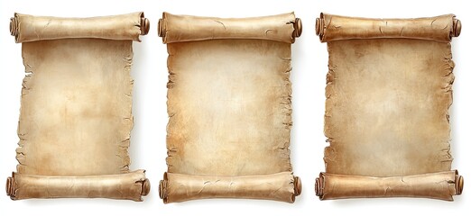 Three antique scrolls of parchment, aged and worn, displayed against a white background