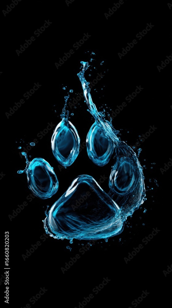 Poster water splash in the shape of a paw print on a black background highlighting fluid dynamics and natur