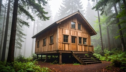 Wooden Cabin in Foggy Forest with Rustic Hideaway, and Nature Retreat.