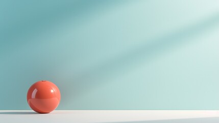 Minimalist Coral Sphere on White Surface with Soft Shadow and Light Blue Background