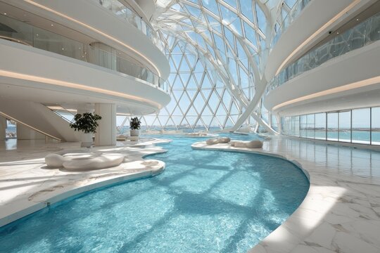 Modern, light-filled atrium with pools and skylights