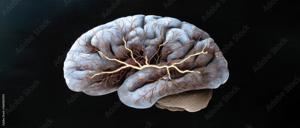 Poster a detailed artistic representation of a brain, showcasing intricate patterns and textures against a 