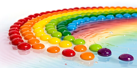 Skittles candy sugar water experiment with rainbow color bleed arch background