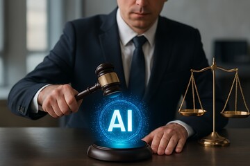 A gavel is poised over a glowing AI symbol, next to scales of justice, symbolizing AI regulation.