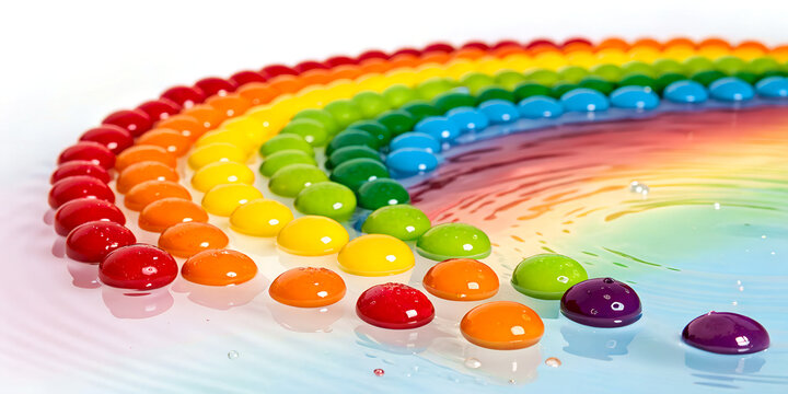 Skittles candy sugar water experiment with rainbow color bleed arch background