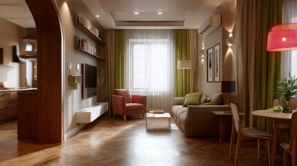 Fototapeta premium Modern Living‑Dining Room Visualization with Herringbone Parquet and Warm Tones