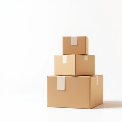Obraz premium Three light-brown cardboard boxes, varying in size, stacked neatly on a white background; each box features a small, rectangular white label