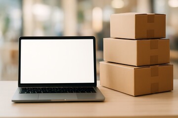 Laptop with a blank screen sits next to a stack of three cardboard boxes on a wooden table.