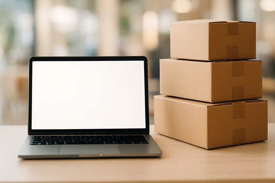 Laptop with a blank screen sits next to a stack of three cardboard boxes on a wooden table.