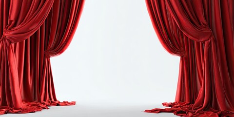 Red velvet curtains, theater style,  draped open on a white backdrop