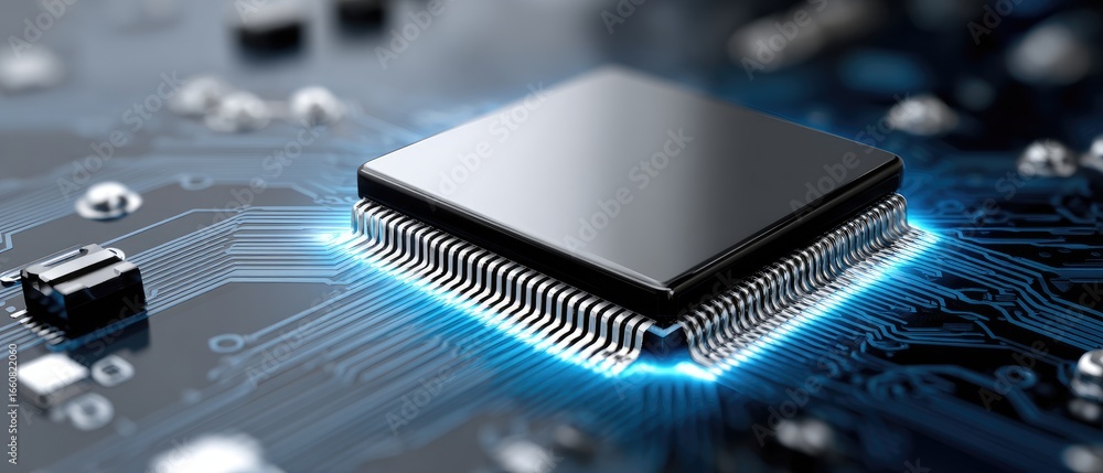 Poster a close-up view of a microchip on a circuit board, illustrating modern technology and intricate desi