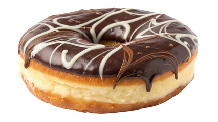 Delicious chocolate glazed donut with white drizzle isolated on transparent background