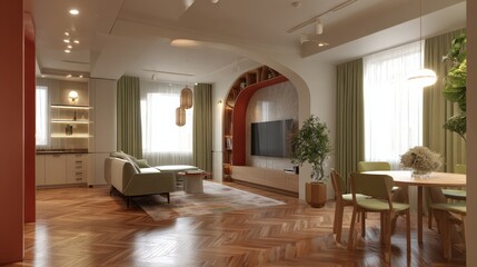 Fototapeta premium Modern Living‑Dining Room Visualization with Herringbone Parquet and Warm Tones