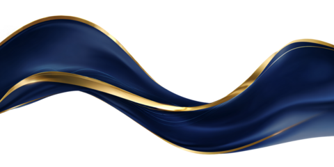 Luxury abstract shiny blue wave with gold on white or transparent background. Design element. Elegant gradient of gold and dark blue. Banner.
