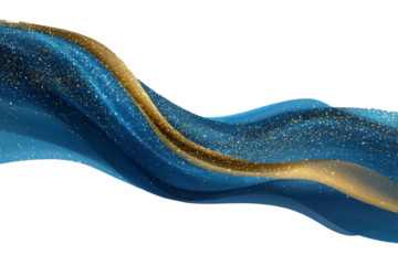 Luxury abstract shiny blue wave with gold on white or transparent background. Design element. Elegant gradient of gold and dark blue. Banner.