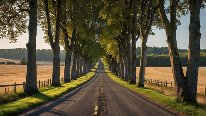 Obraz premium Road to Serenity: An open road stretches toward the horizon, flanked by trees in an artistic journey, inviting a sense of peaceful exploration and serene moments. 