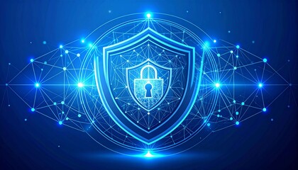 Global cybersecurity and data protection concept, featuring a protective shield with a padlock icon amidst a connected digital network. A visual representation of security technology, data privacy, as