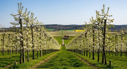 Naklejka premium Blossoming Orchard Rows with Green Grass Under Blue Sky