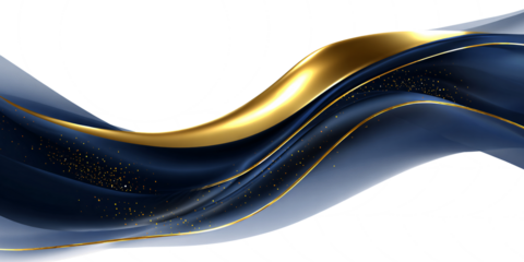 Luxury abstract shiny blue wave with gold on white or transparent background. Design element. Elegant gradient of gold and dark blue. Banner.