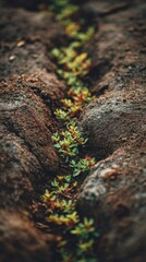 Green Plants Growing Through Cracked Soil in Earthy Landscape, Symbolizing Resilience and Nature's Persistence