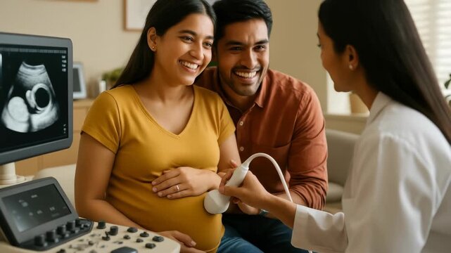 A joyful couple at a prenatal ultrasound appointment, captured from a side angle. The video highlights the excitement of expecting parents in a clinical setting.