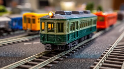 Fototapeta premium Close up of an illuminated green model train on railway tracks. Colorful blurred toy trains background. Miniature scale transport display.