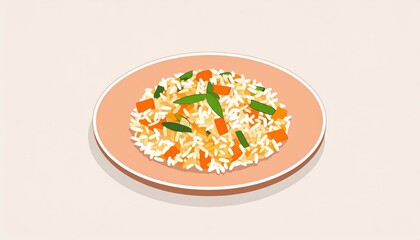 Simple Illustration of a Plate of Cooked Rice with Carrots and Green Vegetables on a Light Beige Background